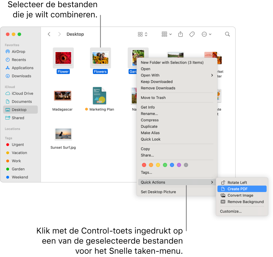 Een Finder-venster met bestanden en mappen; drie bestanden zijn geselecteerd en 'Maak pdf aan' is in het Snelle taken-menu gemarkeerd.