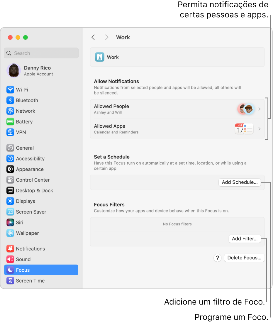 Ajustes de Foco mostrando ajustes para o Foco Trabalho. Na parte superior, está a lista de pessoas e apps cujas notificações são permitidas quando o Foco Trabalho está ativado.
