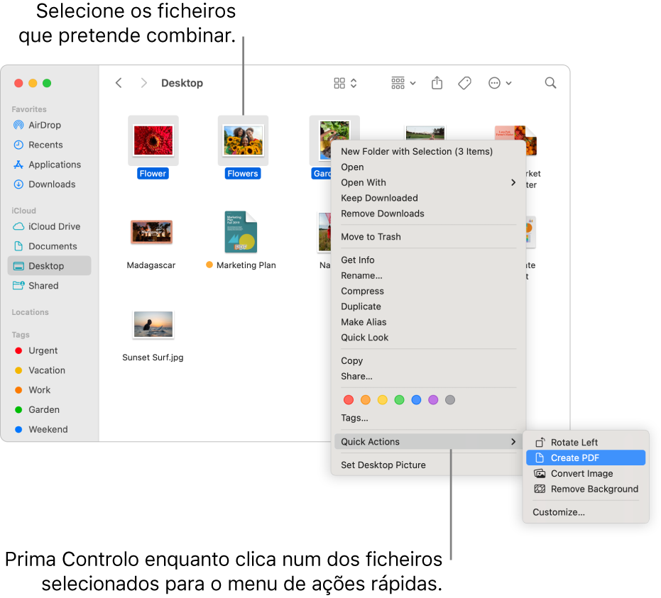 Uma janela do Finder com ficheiros e pastas, na qual estão selecionados três ficheiros e o elemento “Criar PDF” está realçado no menu “Ações rápidas”.