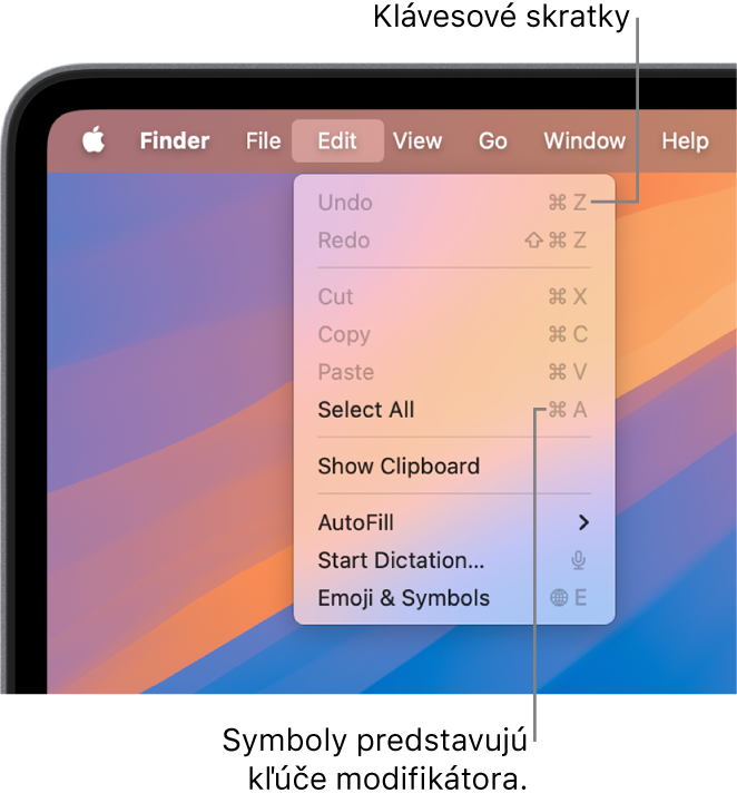 Menu Upraviť je otvorené vo Finderi. Klávesové skratky sa zobrazujú vedľa položiek menu.