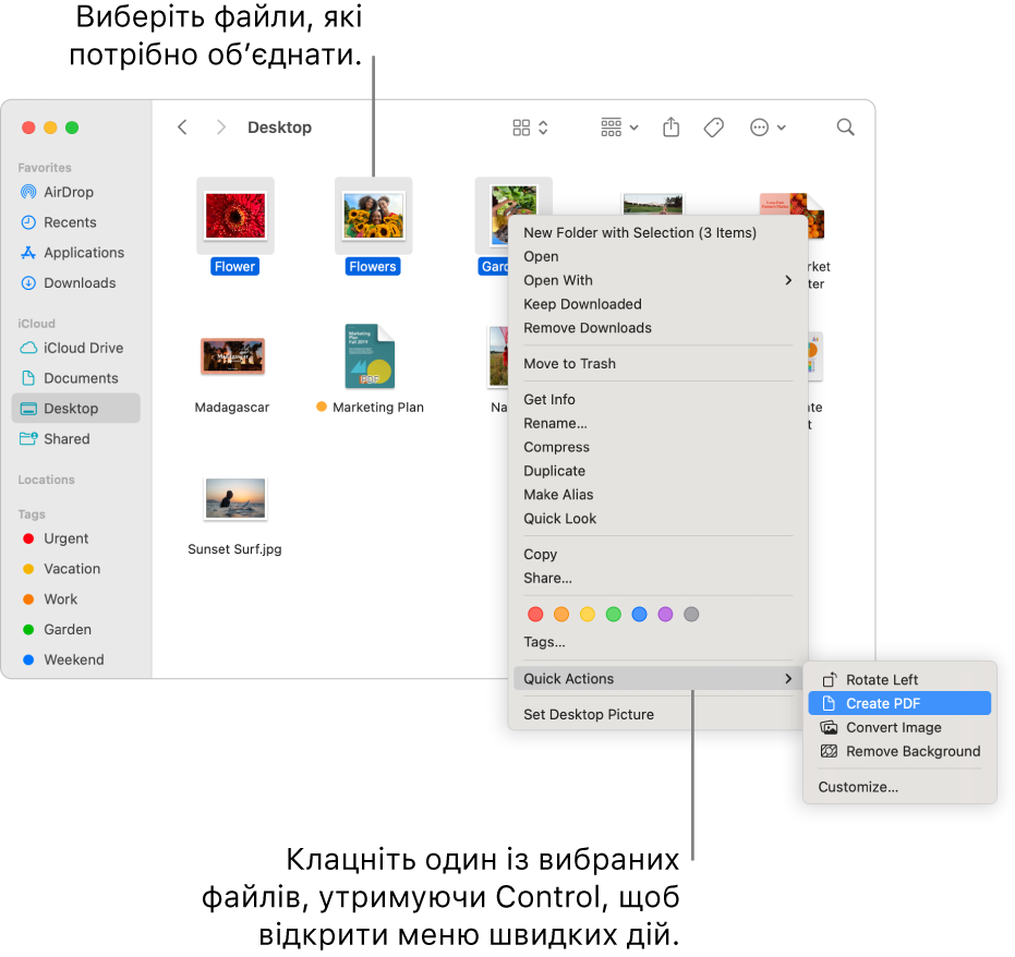 Вікно Finder із файлами та папками, у якому вибрано три файли, а також у меню швидких дій виділено команду «Створити PDF».