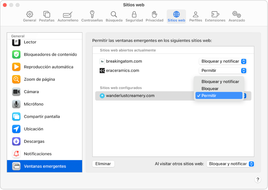 La opción “Ventanas emergentes” de los ajustes de Safari, con la opción Permitir seleccionada para un sitio web configurado.