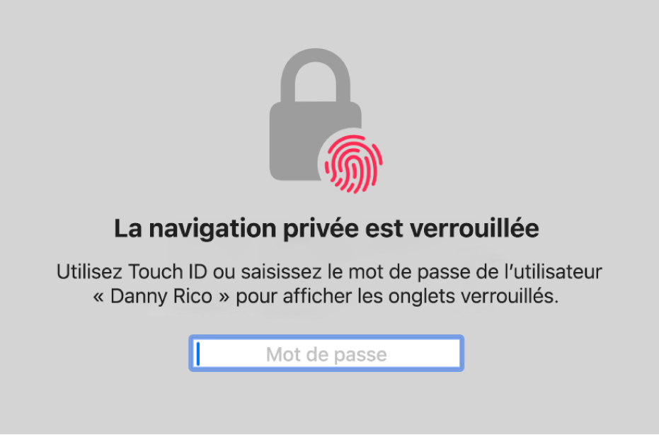 Une fenêtre demandant d’utiliser Touch ID ou votre mot de passe pour déverrouiller les fenêtres de navigation privée.