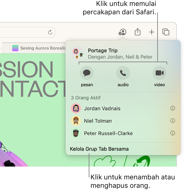 Jendela yang mencantumkan orang-orang di Grup Tab Bersama.