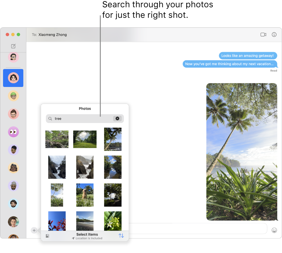 The Messages window with several conversations listed in the sidebar on the left, the search field for searching through your photos, and a conversation showing on the right.