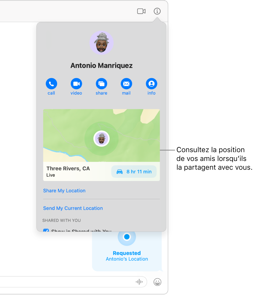 La vue Infos, qui s’affiche après que vous avez cliqué sur le bouton Infos dans une conversation, affichant l’icône d’une personne qui a partagé sa position avec vous ainsi qu’un plan et l’adresse de sa position.