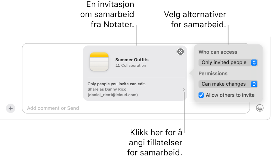 Et nærbilde av tekstmeldingsfeltet nederst i Meldinger-samtalen. Det vises en invitasjon til å samarbeide på et notat. Du kan klikke på høyre side av invitasjonene for å angi samarbeidstillatelser.