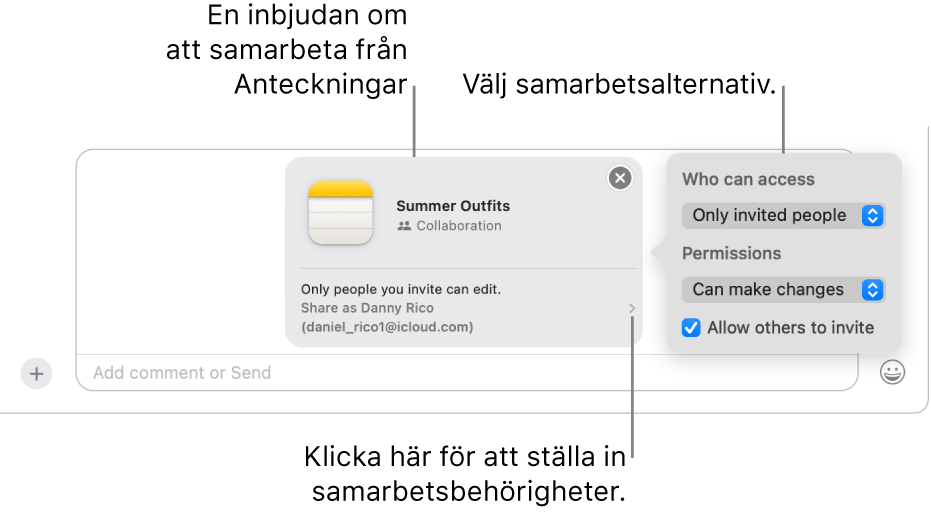 En närbild av textmeddelandefältet i nederkanten av Meddelanden-konversationen. Det finns en inbjudan om att samarbeta på en anteckning. Du kan ställa in samarbetsbehörigheter på högra sidan av inbjudan.