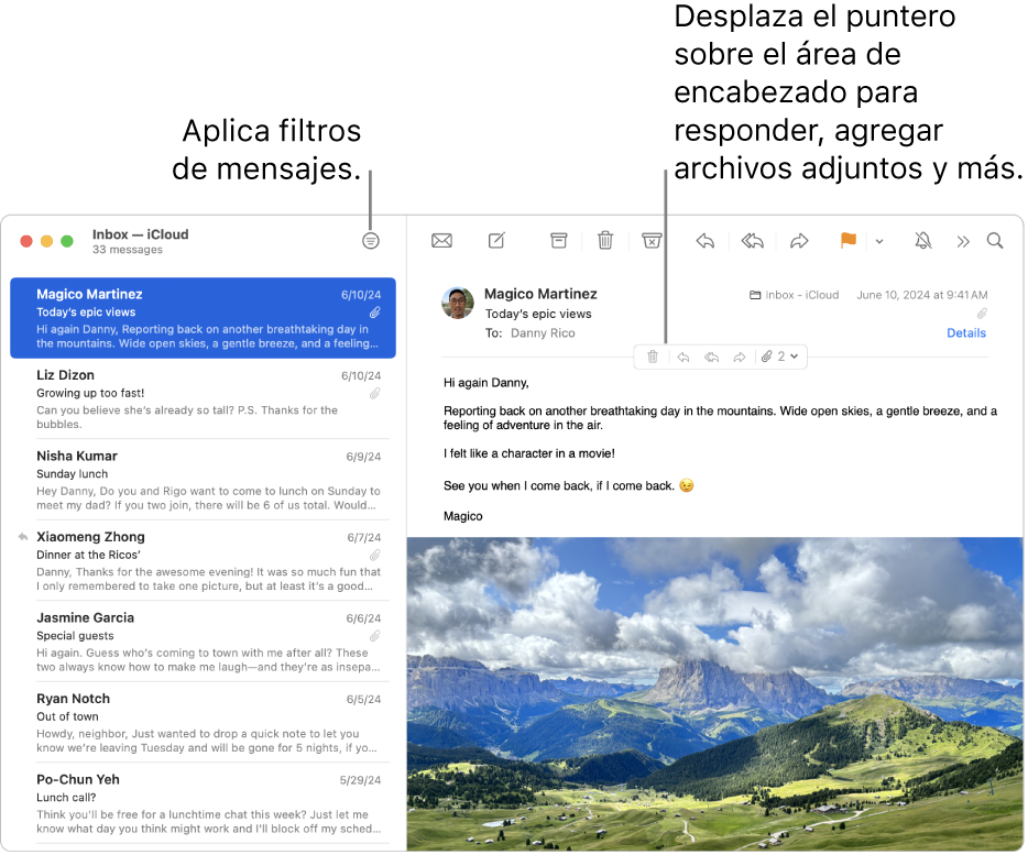 La ventana de Mail. Haz clic en el botón Filtro en la barra de herramientas para activar los filtros de mensajes. Para mostrar botones que permiten responder, guardar archivos adjuntos, etc., coloca el cursor sobre el área de cabecera de un mensaje.