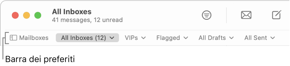 La barra dei preferiti mostra il pulsante Caselle e i pulsanti per accedere alle caselle preferite, come VIP e Contrassegnata.