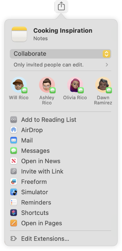 The close up of the Share menu in the Notes app on Mac. The user is choosing someone to collaborate on a note named Cooking Inspiration. Family and friends appear in the suggested recipients at the top. The different sharing options below, from top to bottom, include Add to Reading List, AirDrop, Mail, Messages, Open in News, Invite with Link, Freeform, Reminders, Shortcuts, Open in Pages. There is also an option to edit extensions.