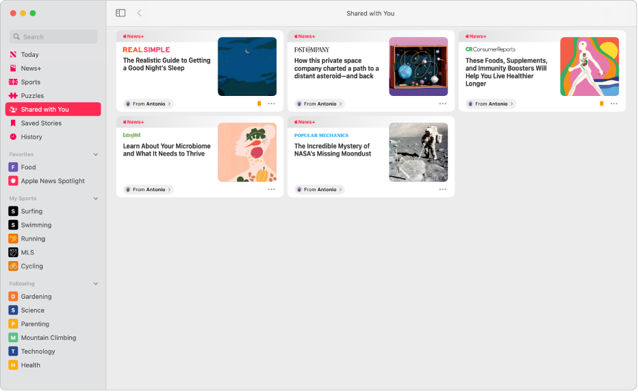 The Apple News window showing Shared with You selected in the sidebar and shared stories arranged in a grid on the right.