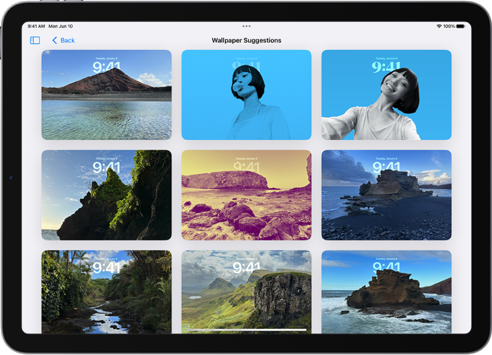 Wallpaper Suggestions is open in the Photos app. Automatically generated combinations of photos, filter effects, and clock face fonts appear as suggestions.