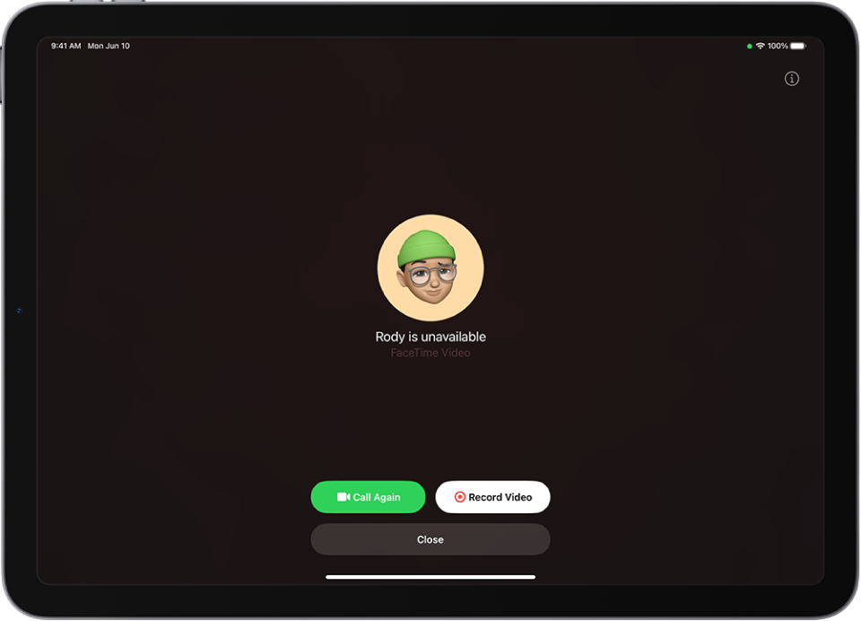 The Record Video screen, showing that the person you’re calling is unavailable. The screen includes a Call Again button and a Record Video button you can tap to record a video message.