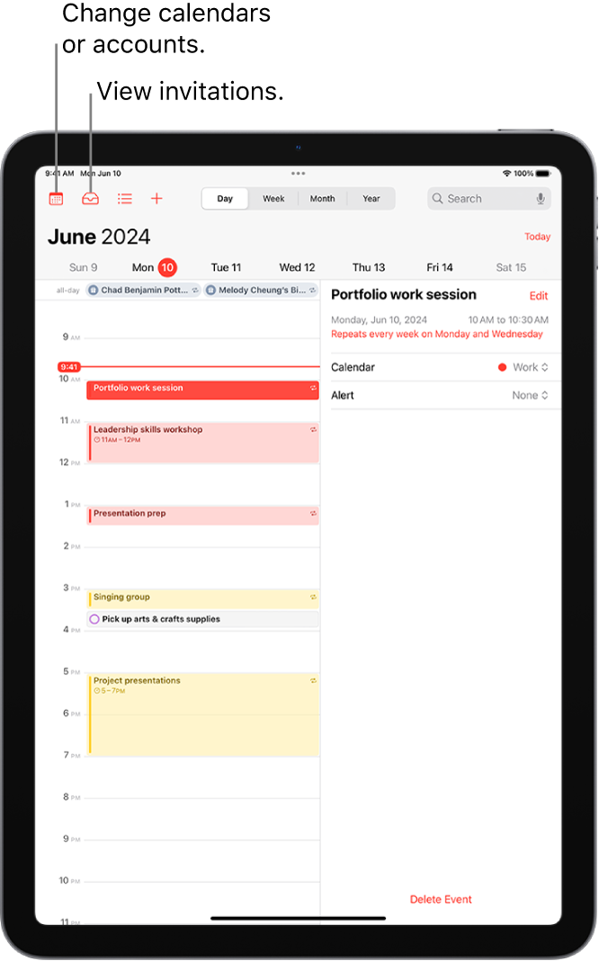 A calendar in Day view. The buttons at the top center let you change the view between Day, Week, Month, and Year. The Calendars button is at the top left of the screen, and the Inbox button is near the top left.