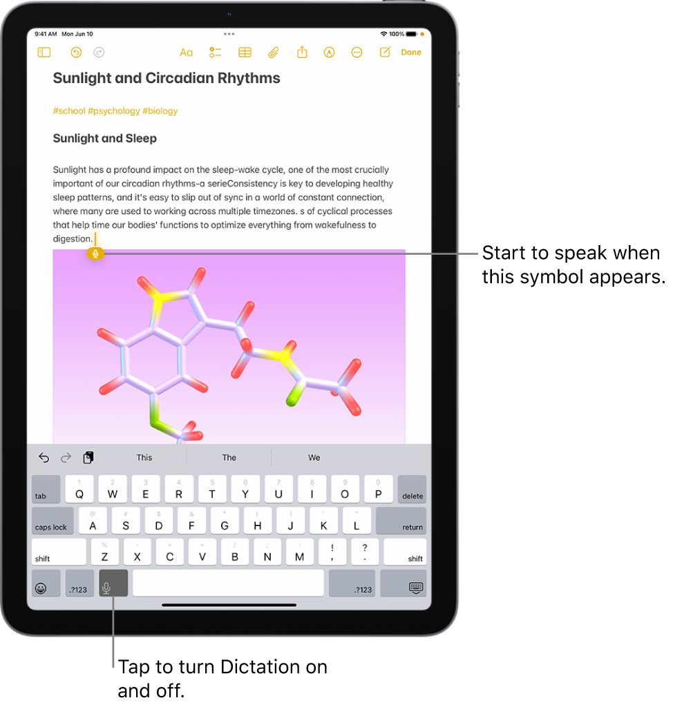 The onscreen keyboard is open in the Notes app. The Dictation button at the bottom of the keyboard is selected and the Dictation button appears below the insertion point in the text field.