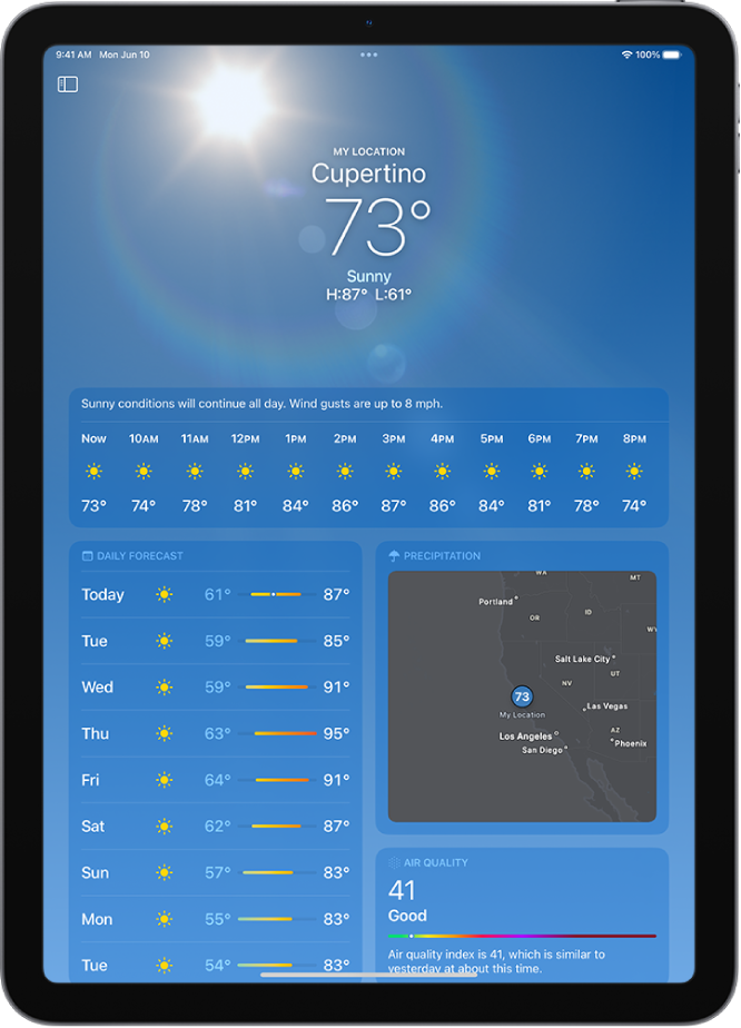 The Weather screen, showing the location, current temperature, the high and low temperatures for the day, hourly forecast, and 10-day forecast on the left side of the screen and a precipitation map and air quality scale on the right side of the screen.