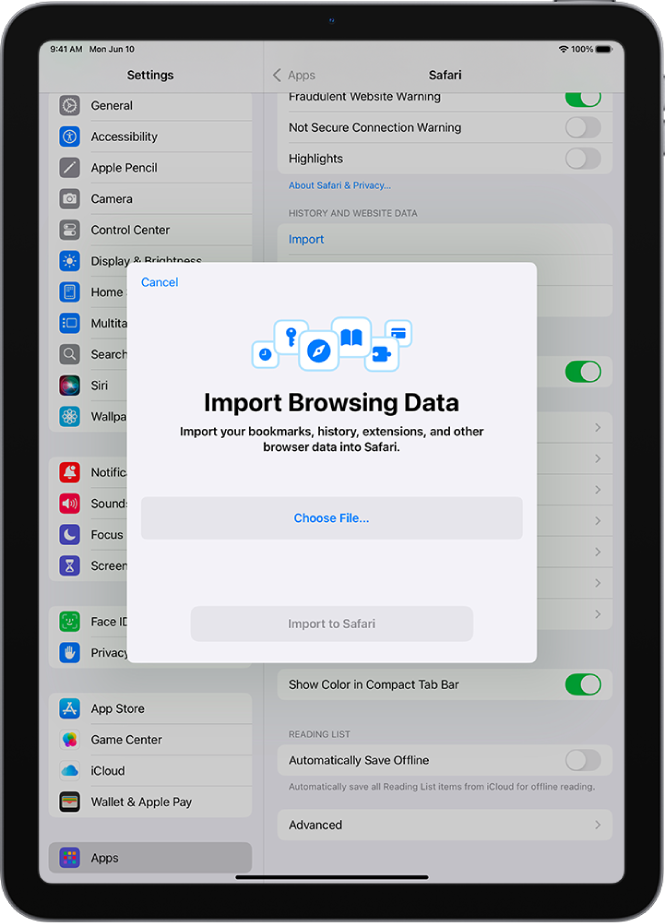 The Import Browsing Data screen, showing the data from another browser to be imported into Safari.