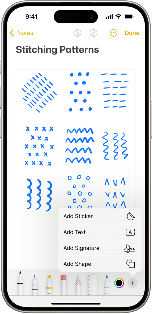 The Markup toolbar is open at the bottom of a note in the Notes app and the Add button in the bottom-right corner of the screen is selected. The following options are available in the Add menu: Add Sticker, Add Text, Add Signature, and Add Shape.