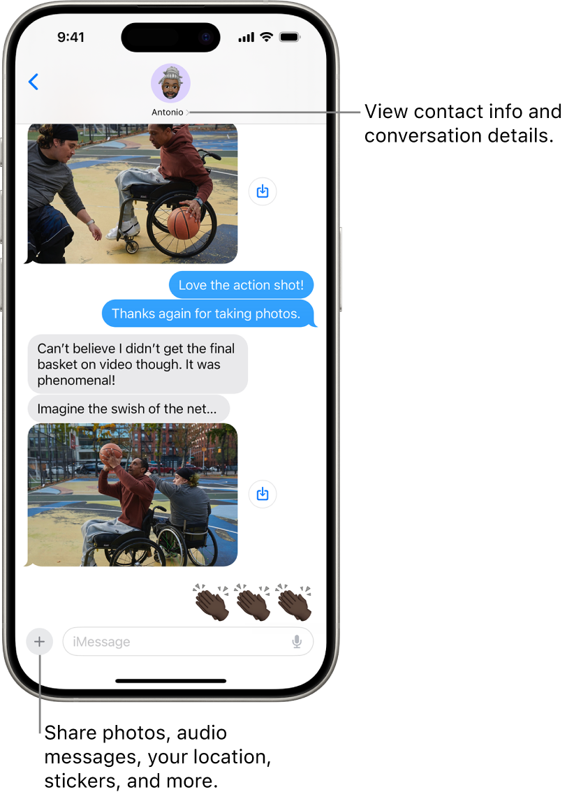 A Messages conversation. The name of the person you’re sending messages to is at the top of the screen. You can tap their name to see conversation details. The Add button is in the bottom-left corner.