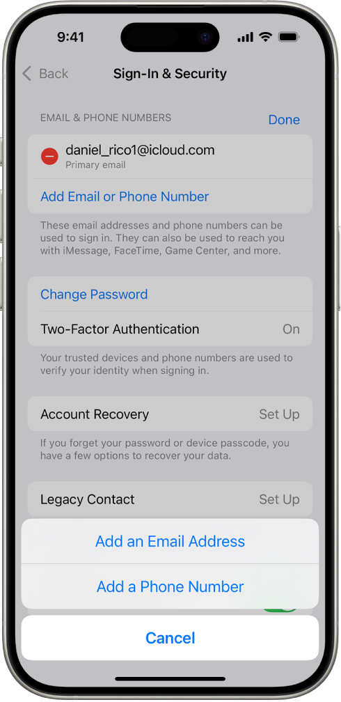 The Sign-In & Security screen in Settings.