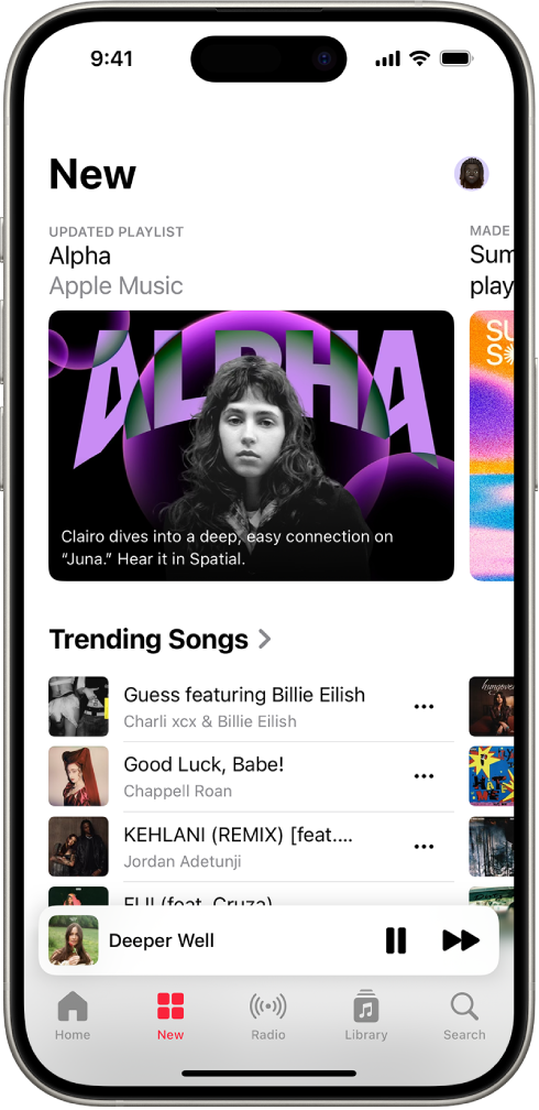 The New screen showing a featured playlist at the top. You can swipe left to see more featured music and videos. The Trending Songs section appears below. You can swipe up on the screen to explore new and recommended music.