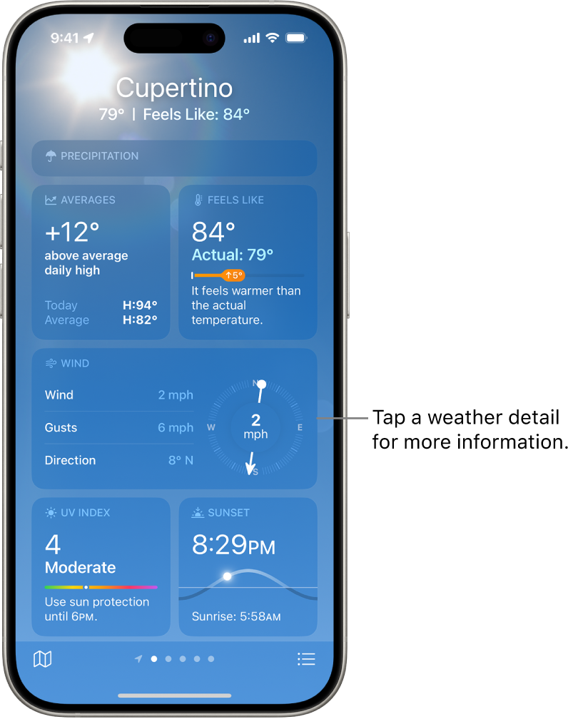 The Weather screen showing the location at the top, and under it the current temperature and weather condition. The rest of the screen contains weather details for the following elements: air quality, precipitation, UV index, and sunset.