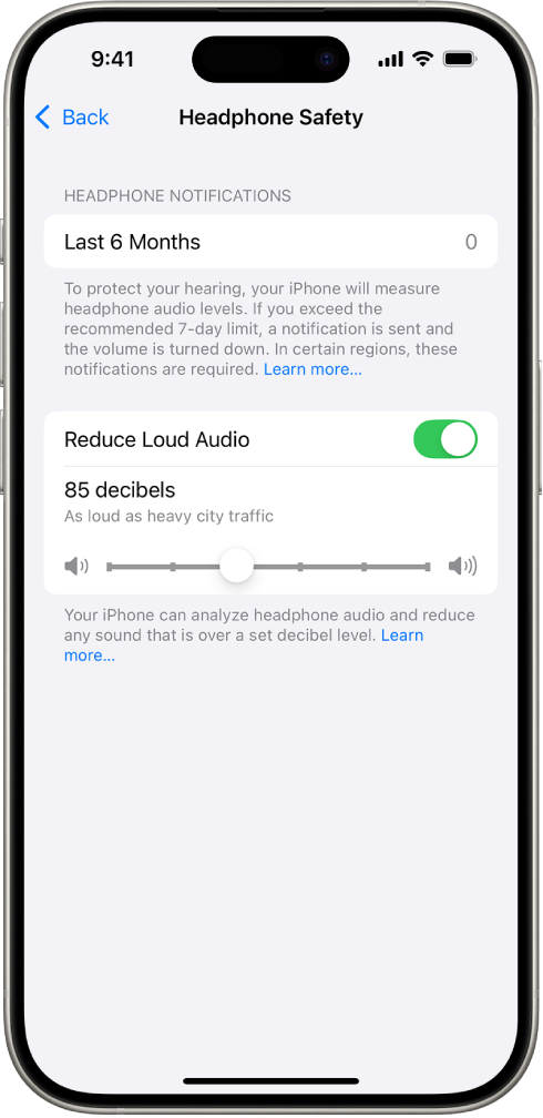 The Headphone Safety screen, showing the number of headphone notifications sent in the last 6 months, the Reduce Loud Audio option, a slider for changing the maximum decibel level, and the selected decibel limit of 85 decibels.