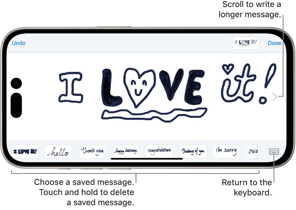 The canvas for composing a handwritten message. Along the bottom, from left to right, are saved handwritten items and the Keyboard button.