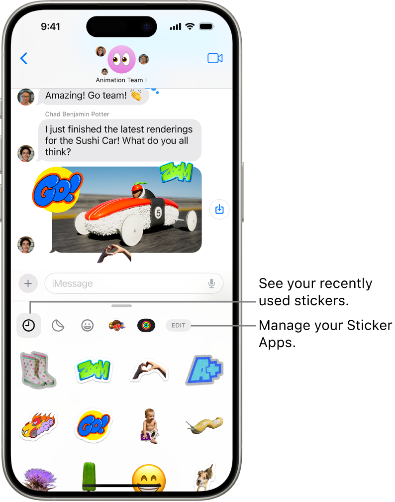 Stickers appear below a conversation. Each button across the top of the card opens a sticker pack.