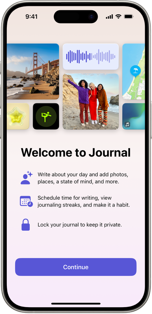 The welcome screen for the Journal app.