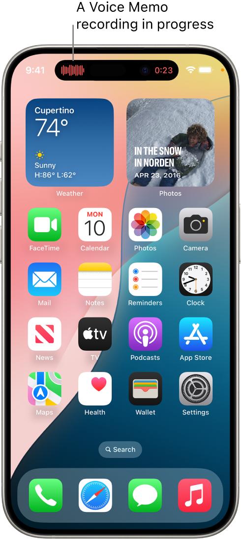 The iPhone 14 Pro Home Screen, showing a live Voice Memo recording in the Dynamic Island at the top of the screen.