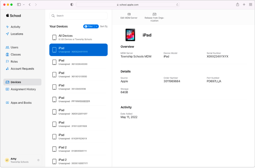 The Apple School Manager mobile device management (MDM) server showing devices and their assignments.