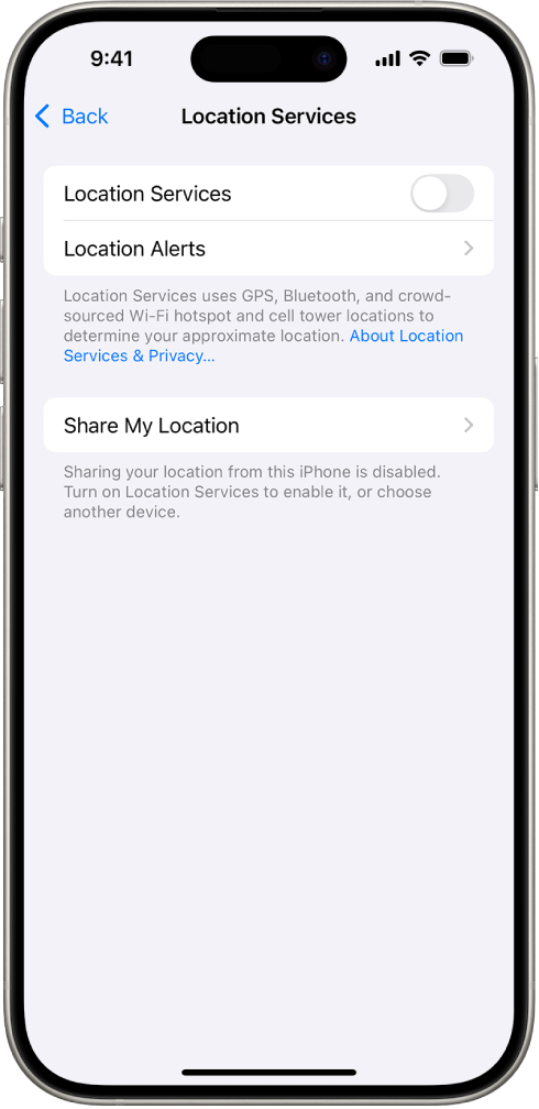 The Location Services screen, with settings to share the location of your iPhone with apps.