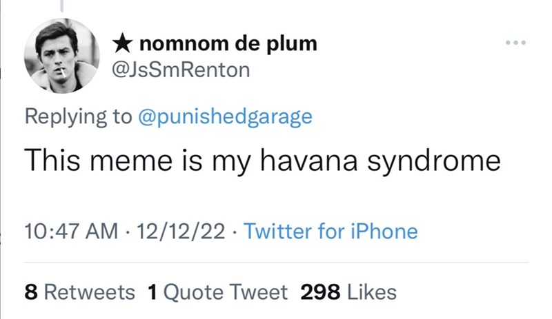 Font - nomnom de plum @JsSmRenton Replying to @punishedgarage This meme is my havana syndrome 10:47 AM 12/12/22 Twitter for iPhone . 8 Retweets 1 Quote Tweet 298 Likes