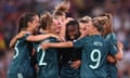 Germany’s Nicole Anyomi is congratulated by her team-mates after scoring their third goal, her first for the national side.