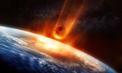 Large Meteor And Earth<br>A large Meteor burning and glowing as it hits the earth's atmosphere. 3D illustration.