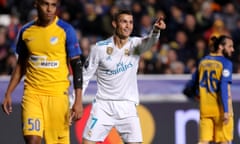 Cristiano Ronaldo celebrates a goal against Apoel Nicosia as Real Madrid ran out 6-0 winners in the Cypriot capital.