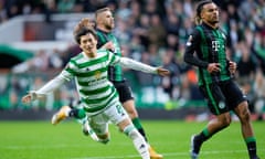 Kyogo Furuhashi celebrates scoring the opening goal for Celtic in their Europa League win