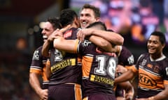 Brisbane Broncos players hugging