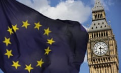 A European Union flag in front of the Elizabeth Tower