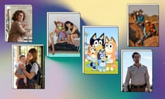Best TV shows composite. From Left to Right: Kitty Flanagan in Fisk, an ABC comedy, Baby Jacinda, Oly (Nathalie Morris), Bluey, Bingo, Bandit (Dad) and Chilli (Mum), Mark Coles Smith as Jay Swan in Mystery Road Origin and ABC TV Muster Dogs series 1 cast, crew and dogs in action