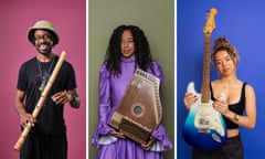 Shabaka holding a Japanese shakuhachi flue, Corinne Bailey Rae holding a Marxophone, and Nilüfer Yanya holding an electric guitar