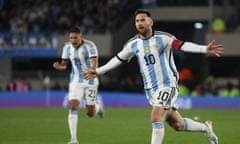 Lionel Messi celebrates scoring for Argentina against  Ecuador in Buenos Aires