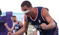 Serbia's Mihailo Vasic celebrates a score in the 3x3 men’s basketball.