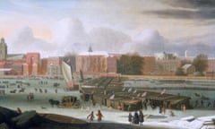 ‘A Frost Fair on the Thames at Temple Stairs’, c1684. Artist: Abraham Hondius<br>‘A Frost Fair on the Thames at Temple Stairs’, c1684. This fair, one of several built on the frozen Thames during severe winters, was exceptional in that it lasted from December 1683 until 4th February 1684. The booths stretch from Temple Stairs to Old King’s Barge-House. In the foreground is a large hole in the ice, with stalls behind, and people going for rides in a wheeled boat. Other amusements include nine-pins and sledging. There are even coaches and horses. (Photo by Museum of London/Heritage Images/Getty Images)