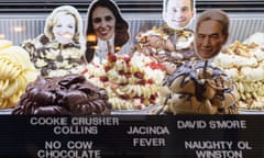 Prime Minister And Labour Leader Jacinda Ardern Campaigns In Christchurch<br>CHRISTCHURCH, NEW ZEALAND - OCTOBER 14: Icecream flavours named after National Party leader Judith Collins, New Zealand Prime Minister Jacinda Ardern, ACT leader David Seymour and NZ First leader Winston Peters (L-R) are seen at Rollickin’ Gelato on October 14, 2020 in Christchurch, New Zealand. The 2020 New Zealand General Election was originally due to be held on Saturday 19 September but was delayed due to the re-emergence of COVID-19 in the community. (Photo by Kai Schwoerer/Getty Images)