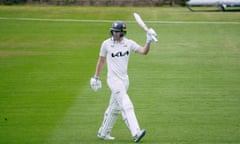 Surrey's Dan Lawrence salutes the crowd. He scored 38 off one over against Worcestershire.