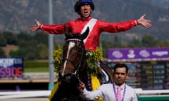 Frankie Dettori celebrates atop Inspiral after victory in the Filly & Mare Turf .