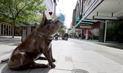 a brass pig statue wearing a face mask in an empty mall